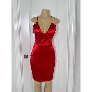 Red Satin Spaghetti Strap Criss-Cross Back Bodycon Mini Dress - Womens M